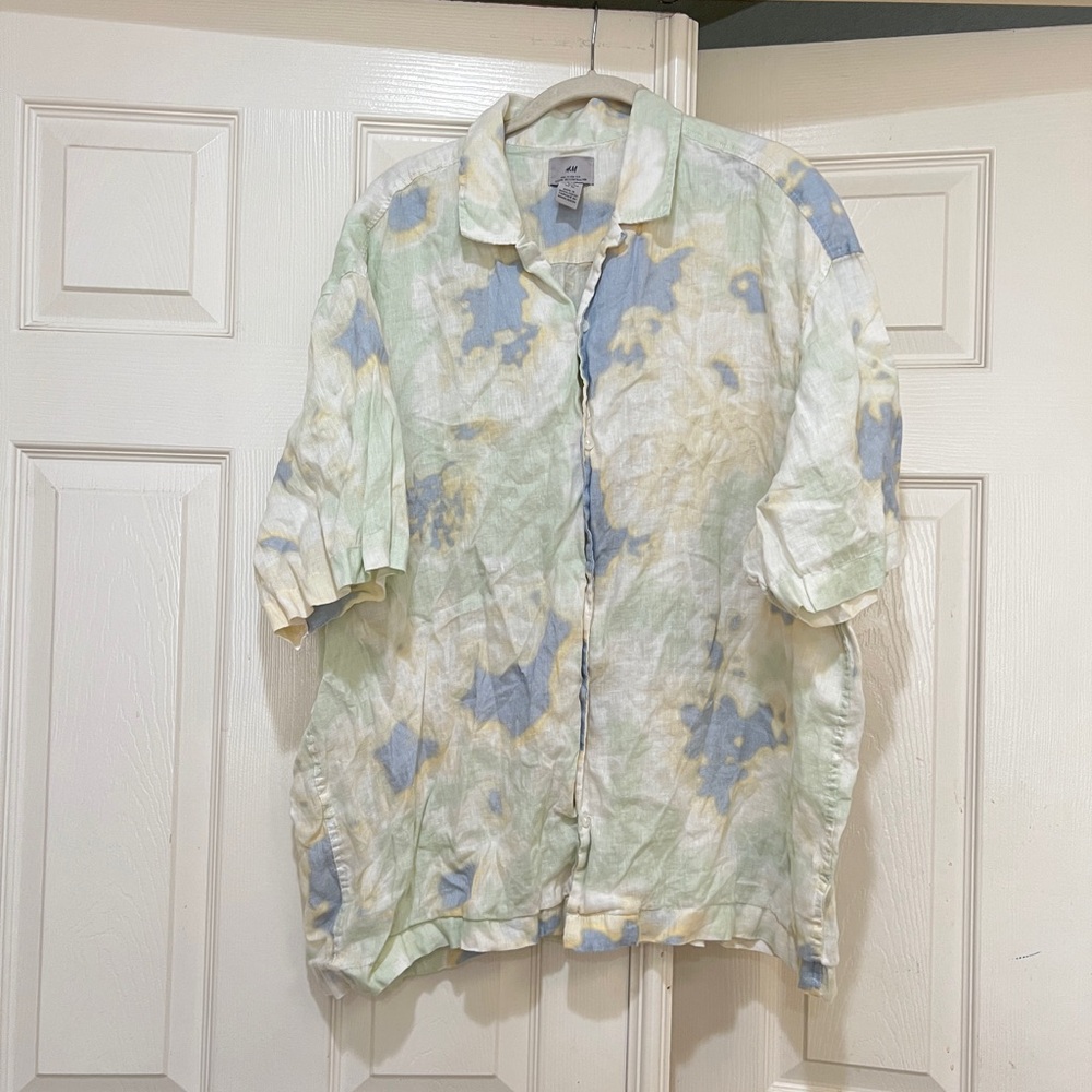 H&M  Men‎ XL  Button Down Watercolor Abstract Linen Camp Shirt Beach Vacation